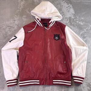 Aeropostale Varsity Jacket Men’s Large Red White Hooded Faux Leather Letterman